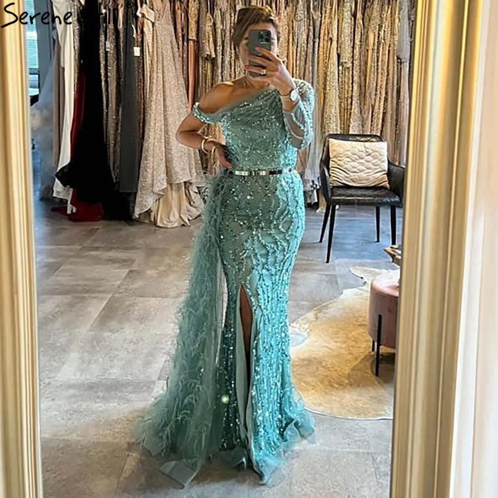 Luxury Dubai Turquoise Mermaid Overskirt Evening Dresses Gowns Luxury Beaded Elegant For Women Party LA71466 - SERENE HILL