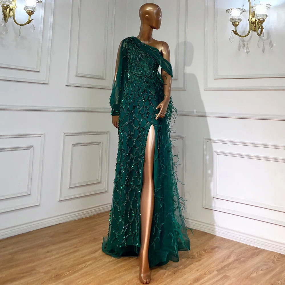 Luxury Dubai Turquoise Mermaid Overskirt Evening Dresses Gowns Luxury Beaded Elegant For Women Party LA71466 - SERENE HILL