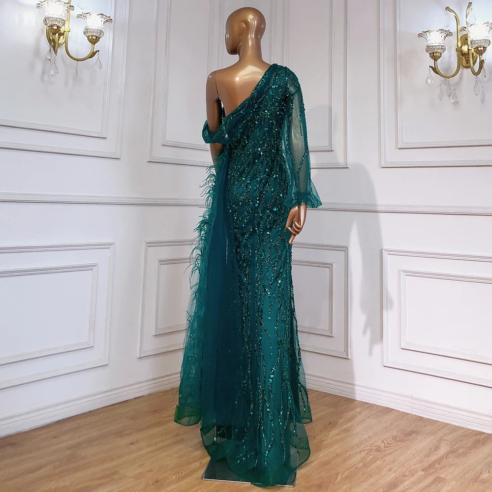 Luxury Dubai Turquoise Mermaid Overskirt Evening Dresses Gowns Luxury Beaded Elegant For Women Party LA71466 - SERENE HILL