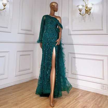 Luxury Dubai Turquoise Mermaid Overskirt Evening Dresses Gowns Luxury Beaded Elegant For Women Party LA71466 - SERENE HILL