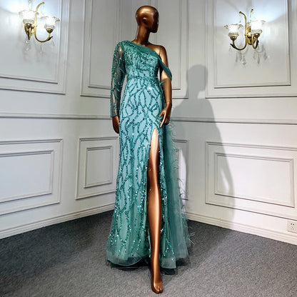 Luxury Dubai Turquoise Mermaid Overskirt Evening Dresses Gowns Luxury Beaded Elegant For Women Party LA71466 - SERENE HILL