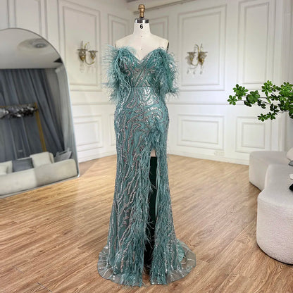 Serene Hill Turquoise Spaghetti Strap High-Split Mermaid Beaded Feathers Evening Gown for Women Wedding Party 2025 LA72602 - SERENE HILL