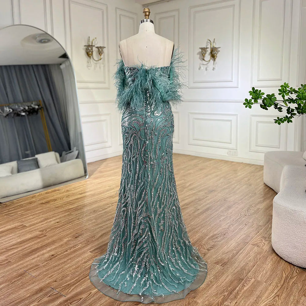 Serene Hill Turquoise Spaghetti Strap High-Split Mermaid Beaded Feathers Evening Gown for Women Wedding Party 2025 LA72602 - SERENE HILL