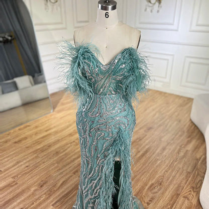 Serene Hill Turquoise Spaghetti Strap High-Split Mermaid Beaded Feathers Evening Gown for Women Wedding Party 2025 LA72602 - SERENE HILL