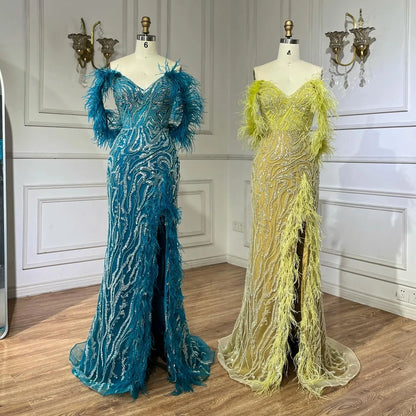 Serene Hill Turquoise Spaghetti Strap High-Split Mermaid Beaded Feathers Evening Gown for Women Wedding Party 2025 LA72602 - SERENE HILL