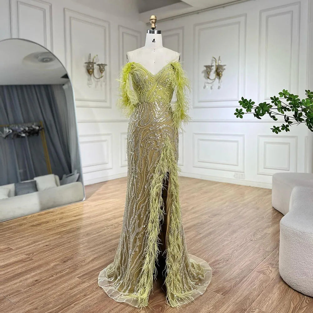 Serene Hill Turquoise Spaghetti Strap High-Split Mermaid Beaded Feathers Evening Gown for Women Wedding Party 2025 LA72602 - SERENE HILL