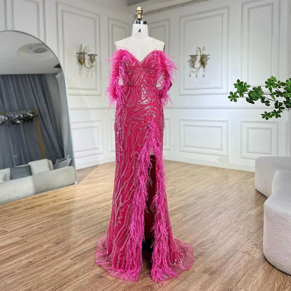 Serene Hill Turquoise Spaghetti Strap High-Split Mermaid Beaded Feathers Evening Gown for Women Wedding Party 2025 LA72602 - SERENE HILL