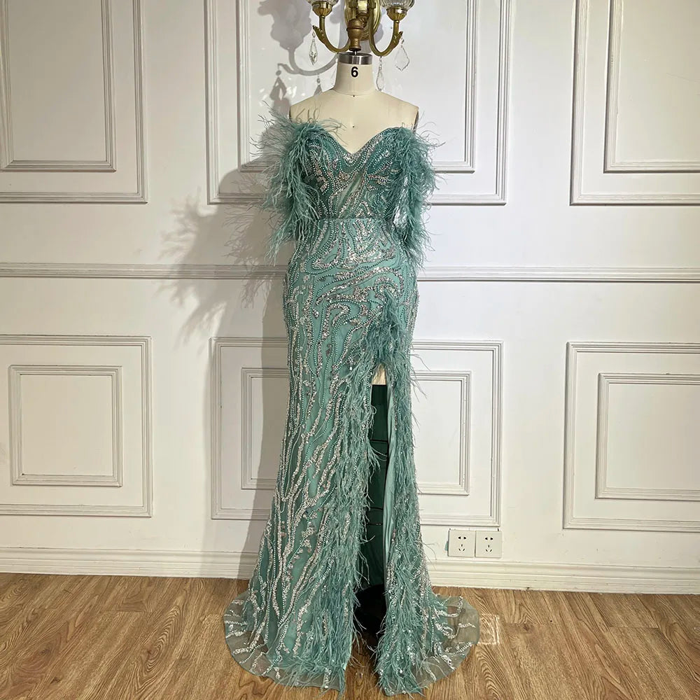 Serene Hill Turquoise Spaghetti Strap High-Split Mermaid Beaded Feathers Evening Gown for Women Wedding Party 2025 LA72602 - SERENE HILL