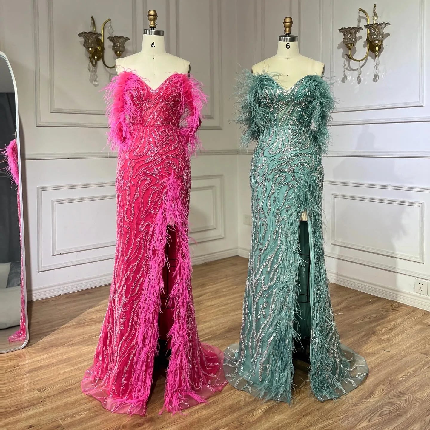 Serene Hill Turquoise Spaghetti Strap High-Split Mermaid Beaded Feathers Evening Gown for Women Wedding Party 2025 LA72602 - SERENE HILL