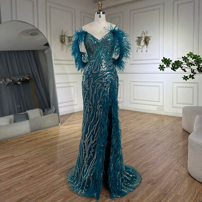 Serene Hill Turquoise Spaghetti Strap High-Split Mermaid Beaded Feathers Evening Gown for Women Wedding Party 2025 LA72602 - SERENE HILL