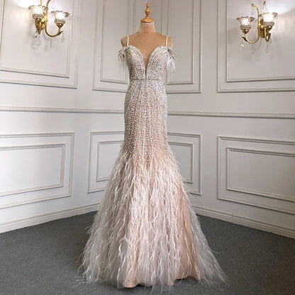 Luxury Feathers White Nude Prom Evening Dresses LA71656 - SERENE HILL