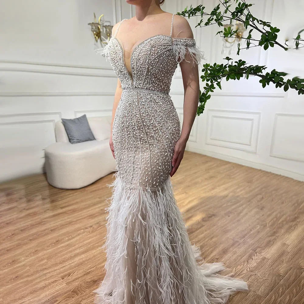 Luxury Feathers White Nude Prom Evening Dresses LA71656 - SERENE HILL