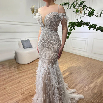 Luxury Feathers White Nude Prom Evening Dresses LA71656 - SERENE HILL