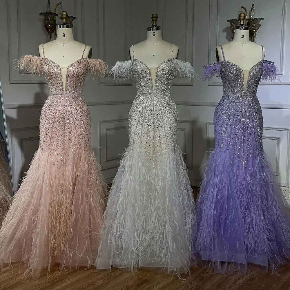 Luxury Feathers White Nude Prom Evening Dresses LA71656 - SERENE HILL