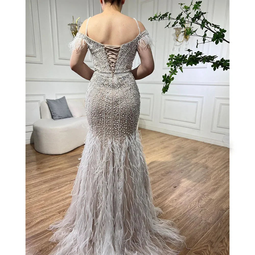 Luxury Feathers White Nude Prom Evening Dresses LA71656 - SERENE HILL
