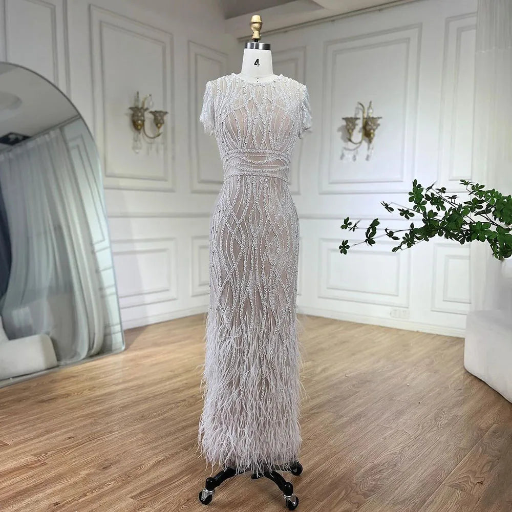 Serene Hill White Nude Ankle Length Evening Dress with Feathers Beaded Women Black Formal Dresses for Wedding Party LA72076A White Nude / 12