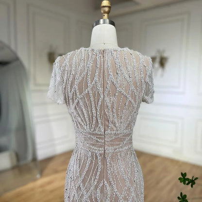 White Nude Ankle Length Beaded Evening Dress with Feathers LA72076A - SERENE HILL