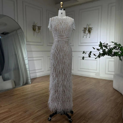 White Nude Ankle Length Beaded Evening Dress with Feathers LA72076A - SERENE HILL