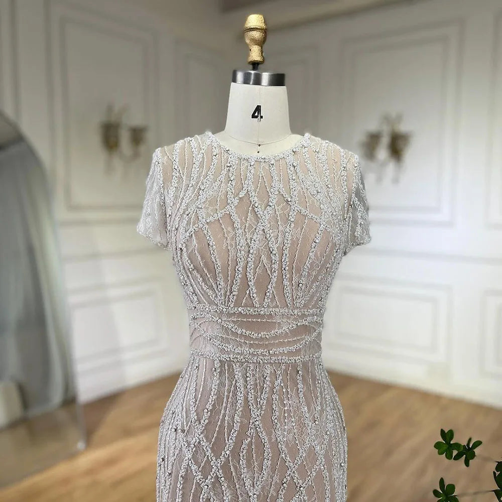 White Nude Ankle Length Beaded Evening Dress with Feathers LA72076A - SERENE HILL