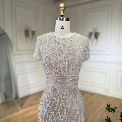 White Nude Ankle Length Beaded Evening Dress with Feathers LA72076A - SERENE HILL