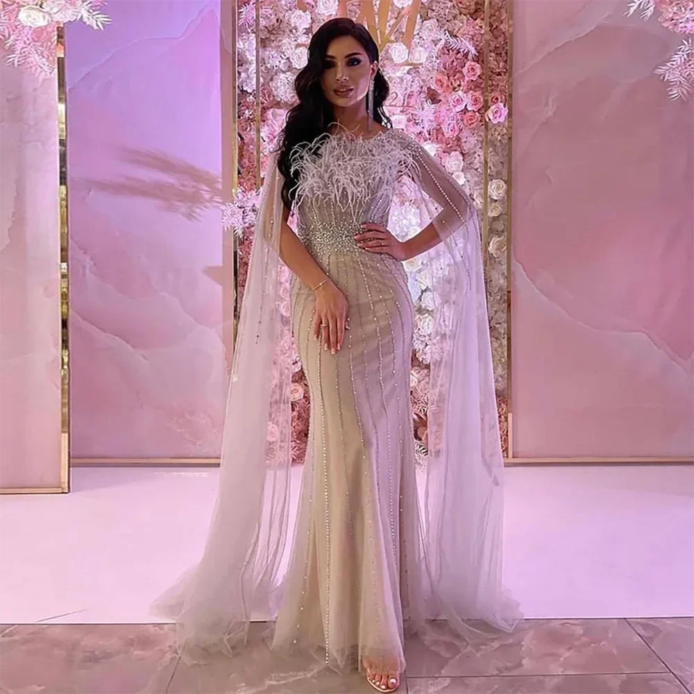 Serene Hill White Nude Elegant Mermaid Evening Dresses Gowns 2025 Feathers With Cape Sleeves Beaded For Women Party LA71724 - SERENE HILL