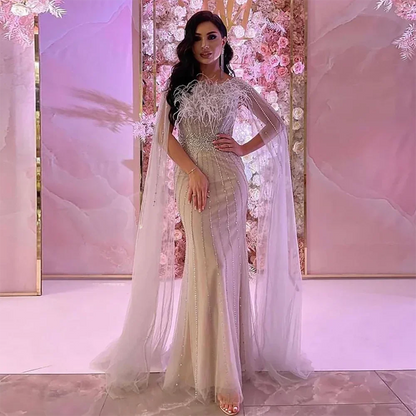 Serene Hill White Nude Elegant Mermaid Evening Dresses Gowns 2025 Feathers With Cape Sleeves Beaded For Women Party LA71724 - SERENE HILL