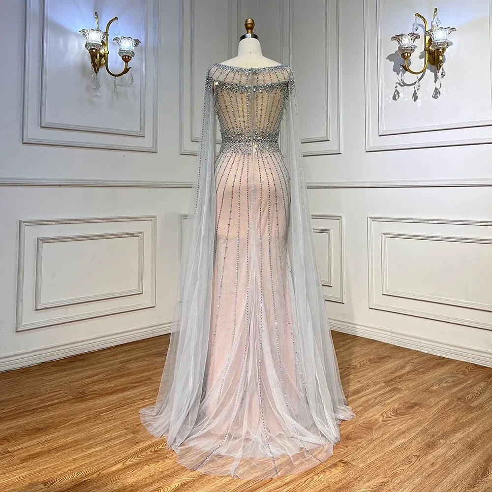 Serene Hill White Nude Elegant Mermaid Evening Dresses Gowns 2025 Feathers With Cape Sleeves Beaded For Women Party LA71724 - SERENE HILL