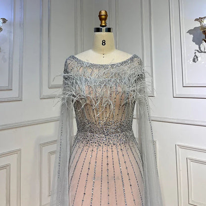 Serene Hill White Nude Elegant Mermaid Evening Dresses Gowns 2025 Feathers With Cape Sleeves Beaded For Women Party LA71724 - SERENE HILL