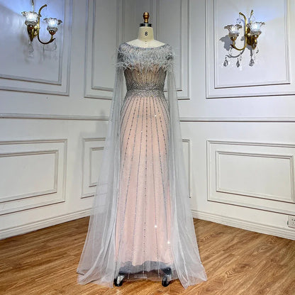Serene Hill White Nude Elegant Mermaid Evening Dresses Gowns 2025 Feathers With Cape Sleeves Beaded For Women Party LA71724 - SERENE HILL
