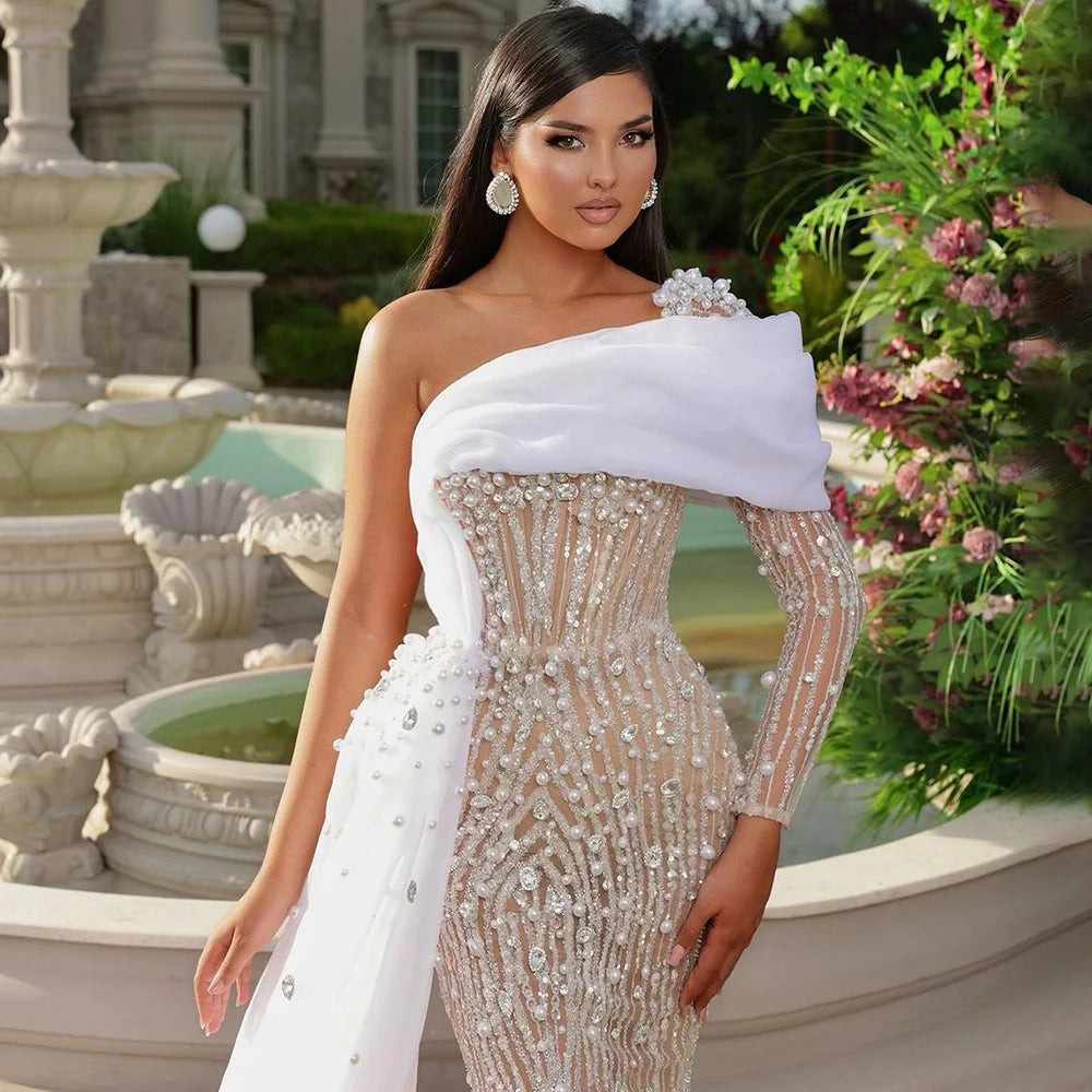 Serene Hill White Nude Elegant One Shoulder Evening Dresses Gowns Luxury Pearls Beaded for Women Wedding Party 2025 LA72493 - SERENE HILL