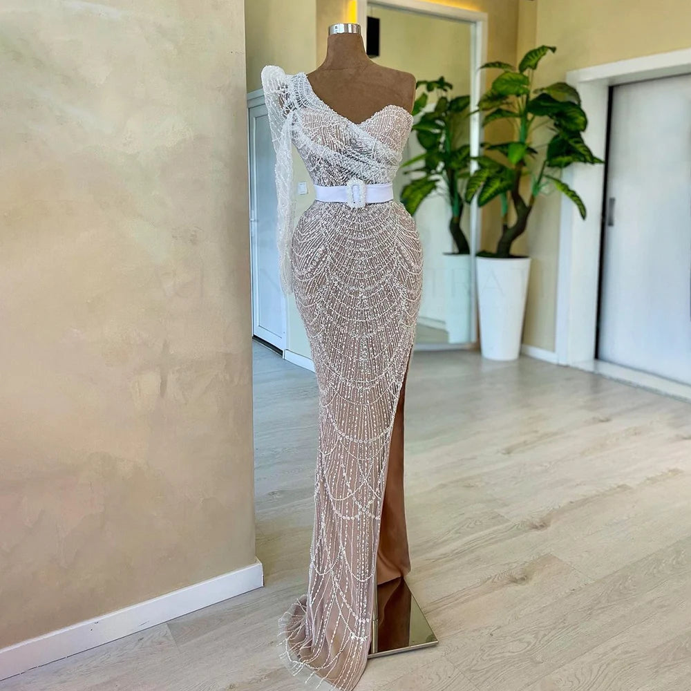 Serene Hill White Nude Mermaid One Shoulder High Split Beaded Luxury Evening Dresses Gowns For Women Wedding Party LA72269 - SERENE HILL