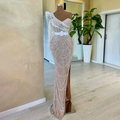 Serene Hill White Nude Mermaid One Shoulder High Split Beaded Luxury Evening Dresses Gowns For Women Wedding Party LA72269 - SERENE HILL