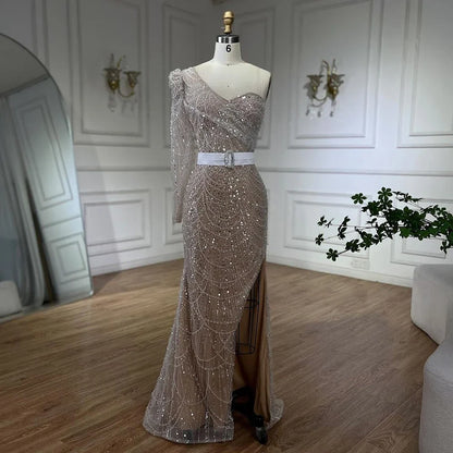 Serene Hill White Nude Mermaid One Shoulder High Split Beaded Luxury Evening Dresses Gowns For Women Wedding Party LA72269 - SERENE HILL