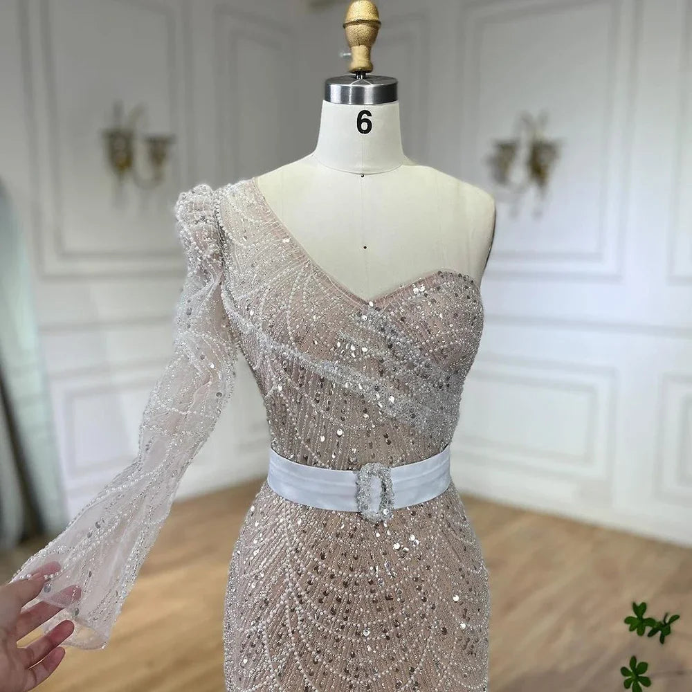 Serene Hill White Nude Mermaid One Shoulder High Split Beaded Luxury Evening Dresses Gowns For Women Wedding Party LA72269 - SERENE HILL
