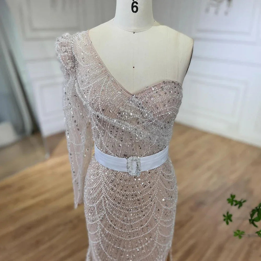 Serene Hill White Nude Mermaid One Shoulder High Split Beaded Luxury Evening Dresses Gowns For Women Wedding Party LA72269 - SERENE HILL