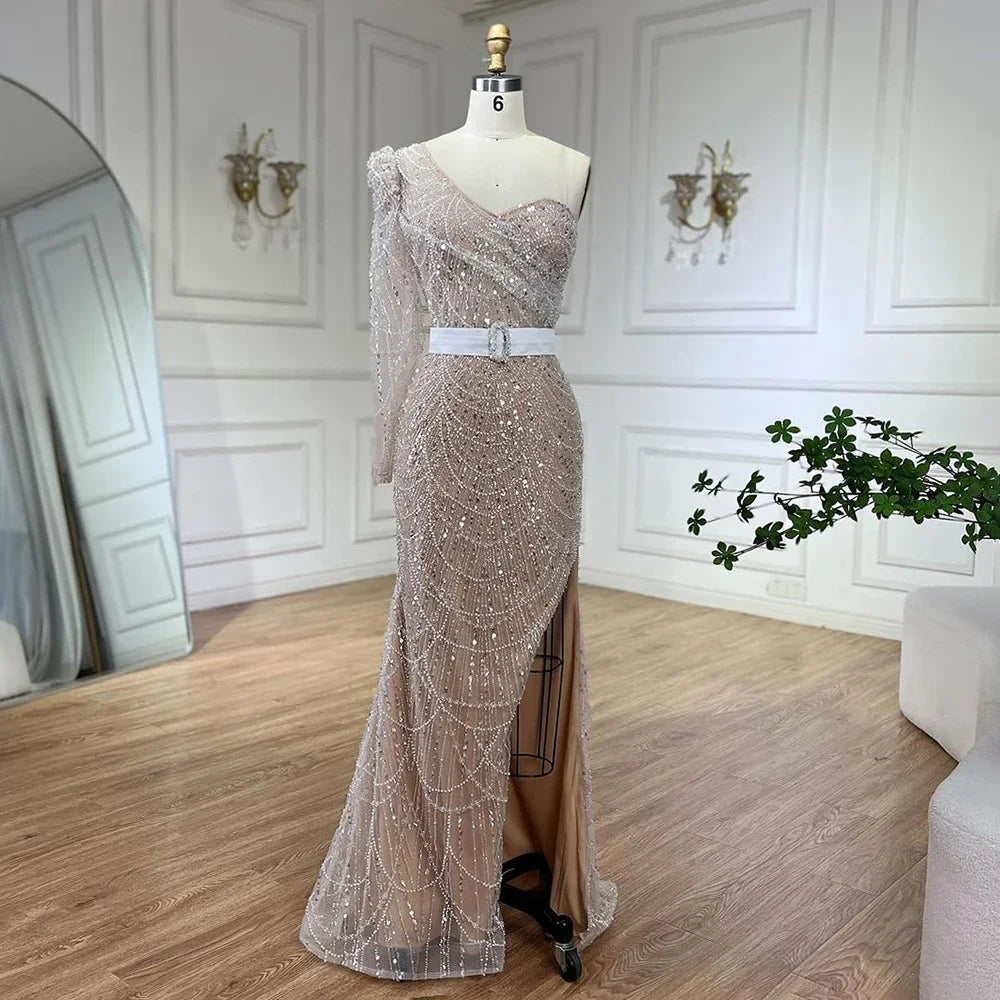 Serene Hill White Nude Mermaid One Shoulder High Split Beaded Luxury Evening Dresses Gowns For Women Wedding Party LA72269 - SERENE HILL