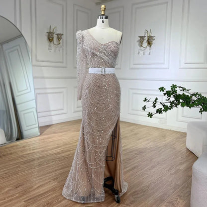 Serene Hill White Nude Mermaid One Shoulder High Split Beaded Luxury Evening Dresses Gowns For Women Wedding Party LA72269 - SERENE HILL