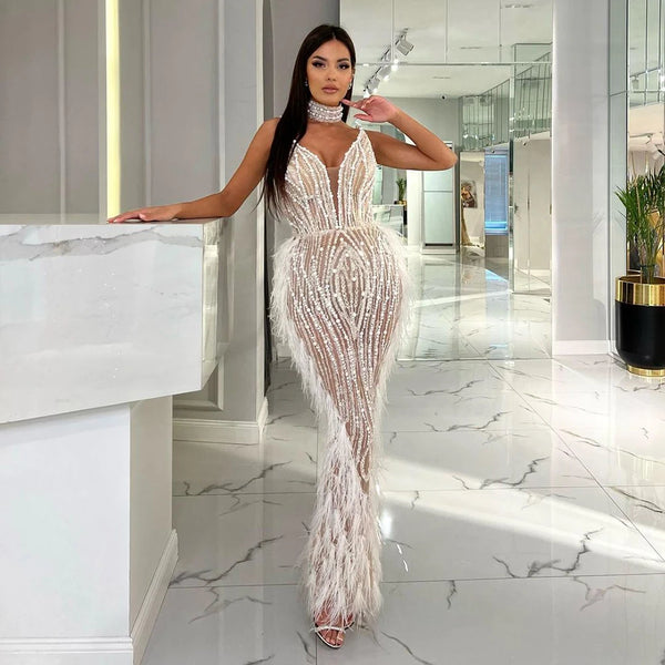 White Nude Mermaid Spaghetti Strap Beaded Feather Evening Dress Gown LA72047