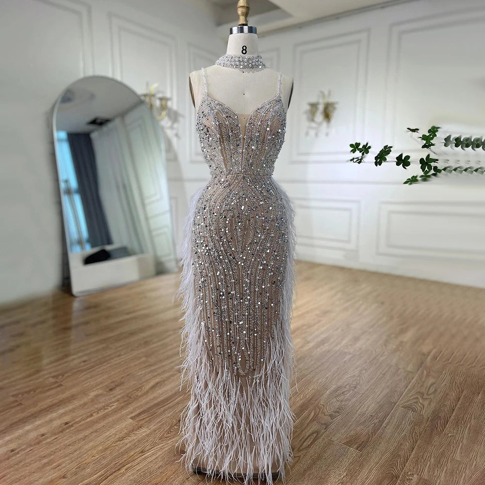 Luxury White Nude Mermaid Spaghetti Strap Beaded Feather Evening Dress LA72047 - SERENE HILL