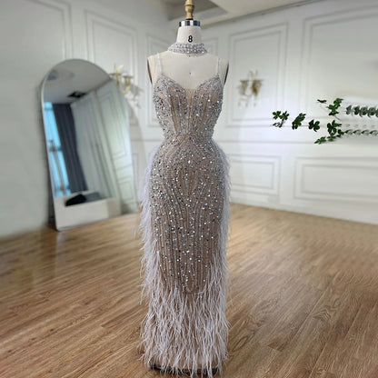 Luxury White Nude Mermaid Spaghetti Strap Beaded Feather Evening Dress LA72047 - SERENE HILL