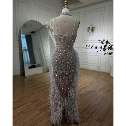 Luxury White Nude Mermaid Spaghetti Strap Beaded Feather Evening Dress LA72047 - SERENE HILL