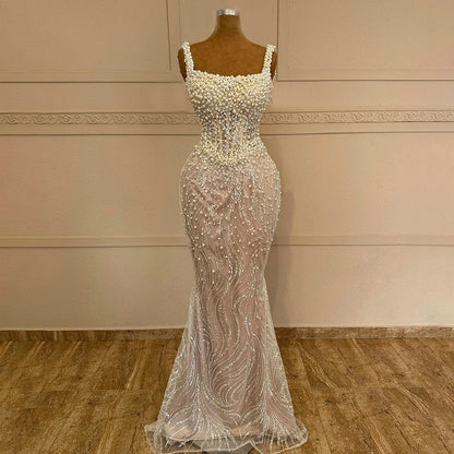 Luxury White Nude Pearl Beaded Mermaid Evening Dress LA72266 - SERENE HILL
