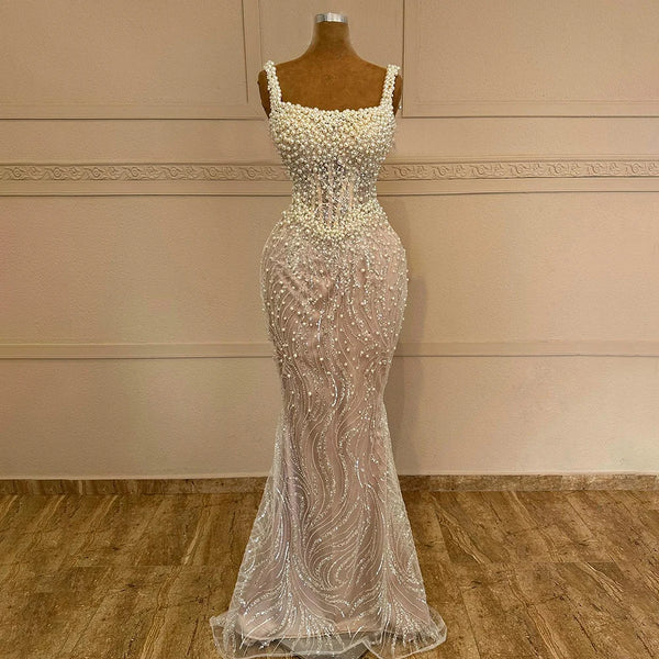 Luxury White Nude Pearl Beaded Mermaid Evening Dress LA72266