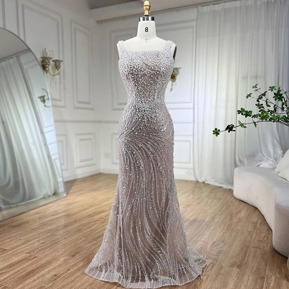 Luxury White Nude Pearl Beaded Mermaid Evening Dress LA72266 - SERENE HILL