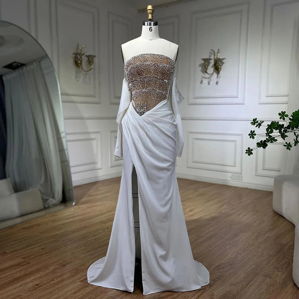 Luxury Dubai Mermaid White Evening Dress Sexy Scalloped LA72293 - SERENE HILL