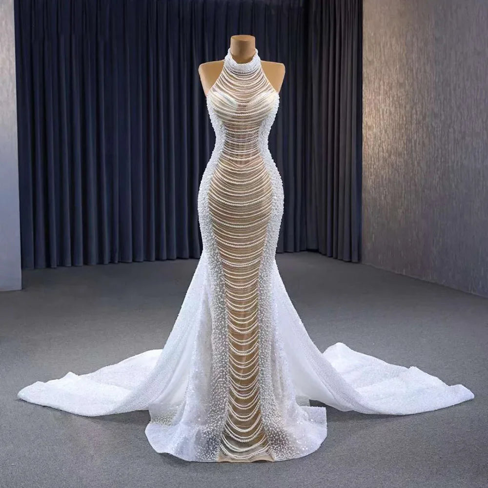 Serene Hill White champagne Mermaid Lace Up Luxury Pearls Beaded Bride Gowns Wedding Dress 2025 High End Custom Made HM231033 - SERENE HILL