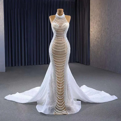 Serene Hill White champagne Mermaid Lace Up Luxury Pearls Beaded Bride Gowns Wedding Dress 2025 High End Custom Made HM231033 - SERENE HILL