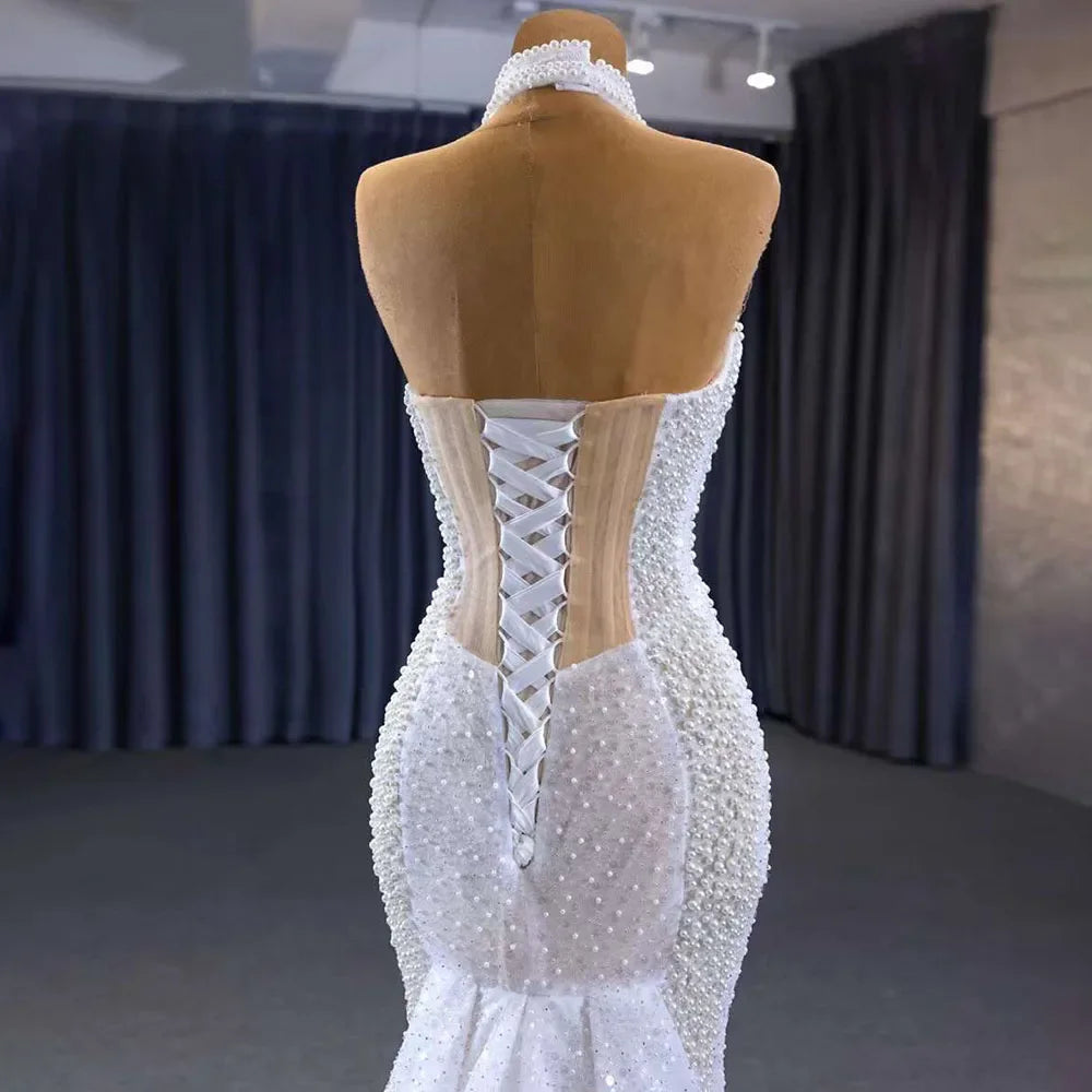 Serene Hill White champagne Mermaid Lace Up Luxury Pearls Beaded Bride Gowns Wedding Dress 2025 High End Custom Made HM231033 - SERENE HILL