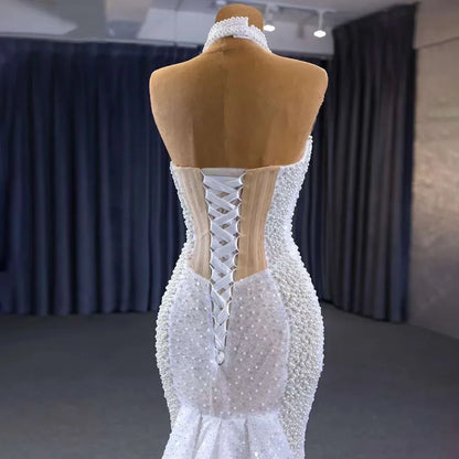 Serene Hill White champagne Mermaid Lace Up Luxury Pearls Beaded Bride Gowns Wedding Dress 2025 High End Custom Made HM231033 - SERENE HILL