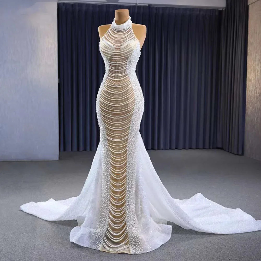 Serene Hill White champagne Mermaid Lace Up Luxury Pearls Beaded Bride Gowns Wedding Dress 2025 High End Custom Made HM231033 - SERENE HILL